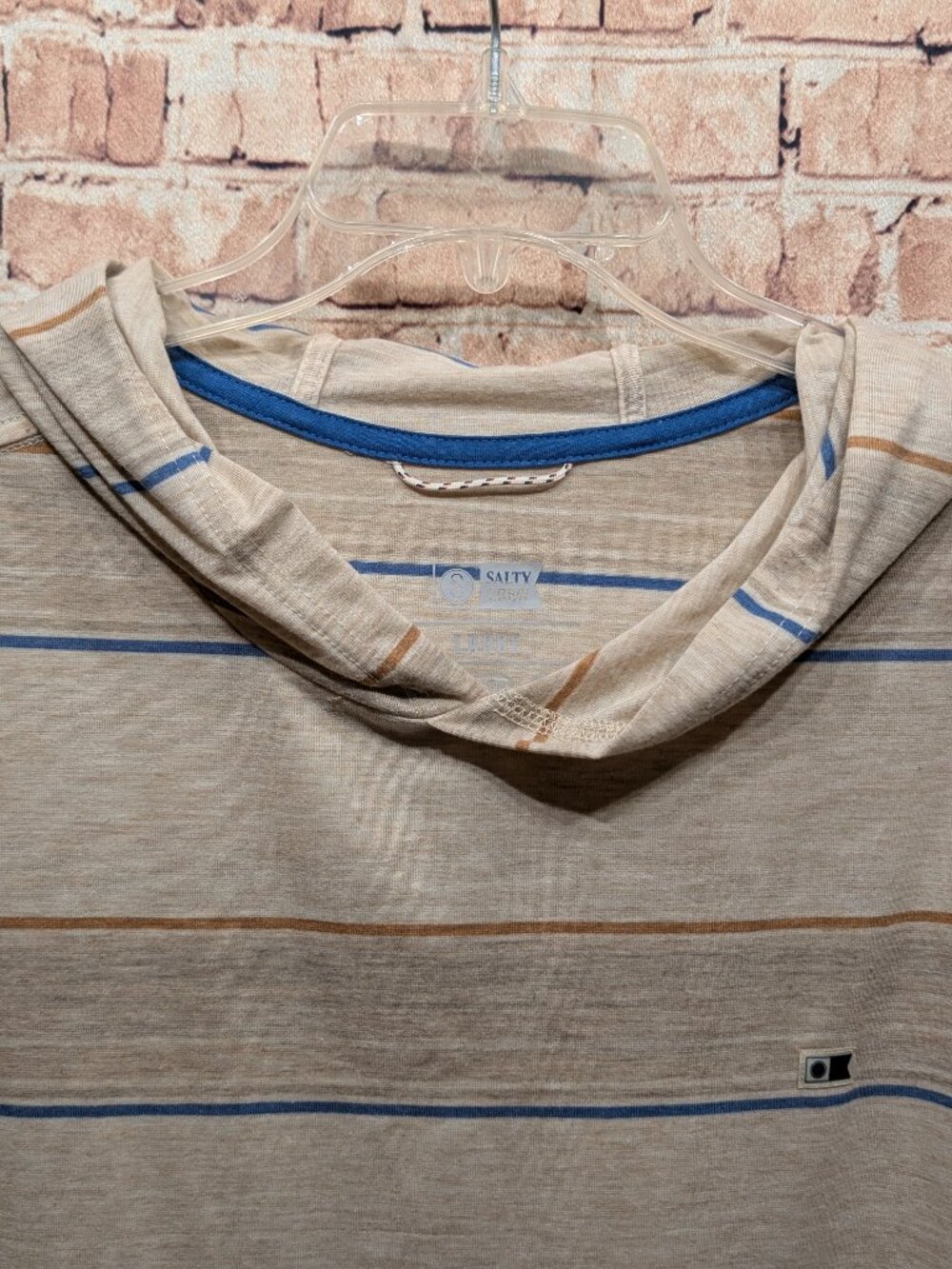 Salty Crew Striped Beige Hooded Long Sleeve Tee with Subtle Logo Size Large - Picture 4 of 15